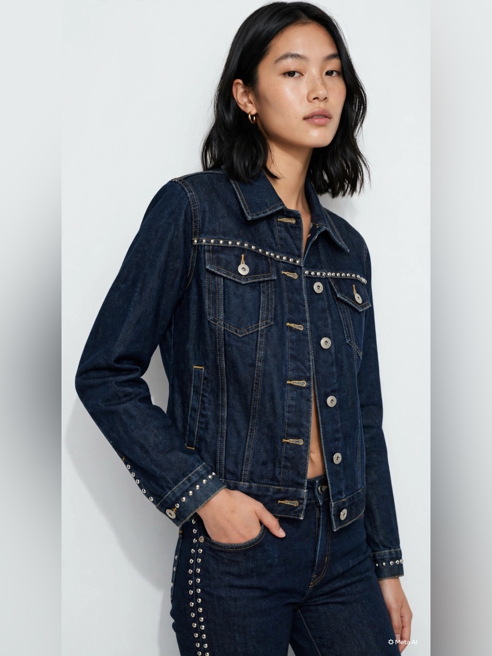 Express Dark Blue Studded Denim Jacket Set w/ cropped denim pant - Women's